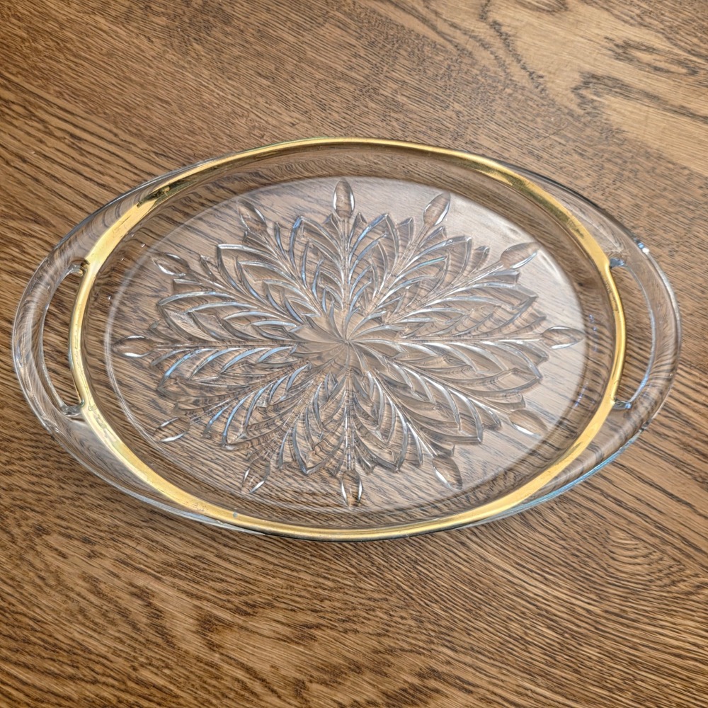 Vintage Oval Glass Serving Tray Gold Rim Starburst Pattern 10.5 Inch Handles